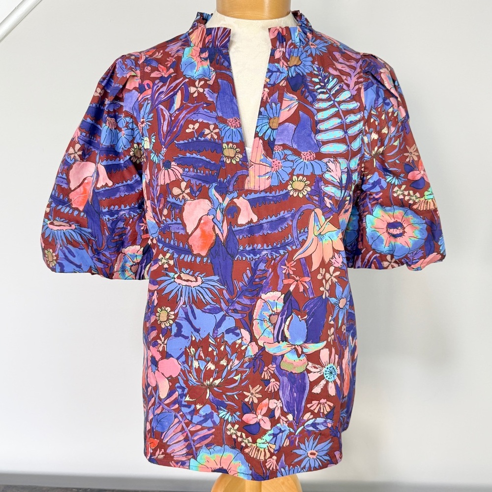 Marie Oliver Ambrose Short Sleeve Blouse Top in Peacock Floral Size Small